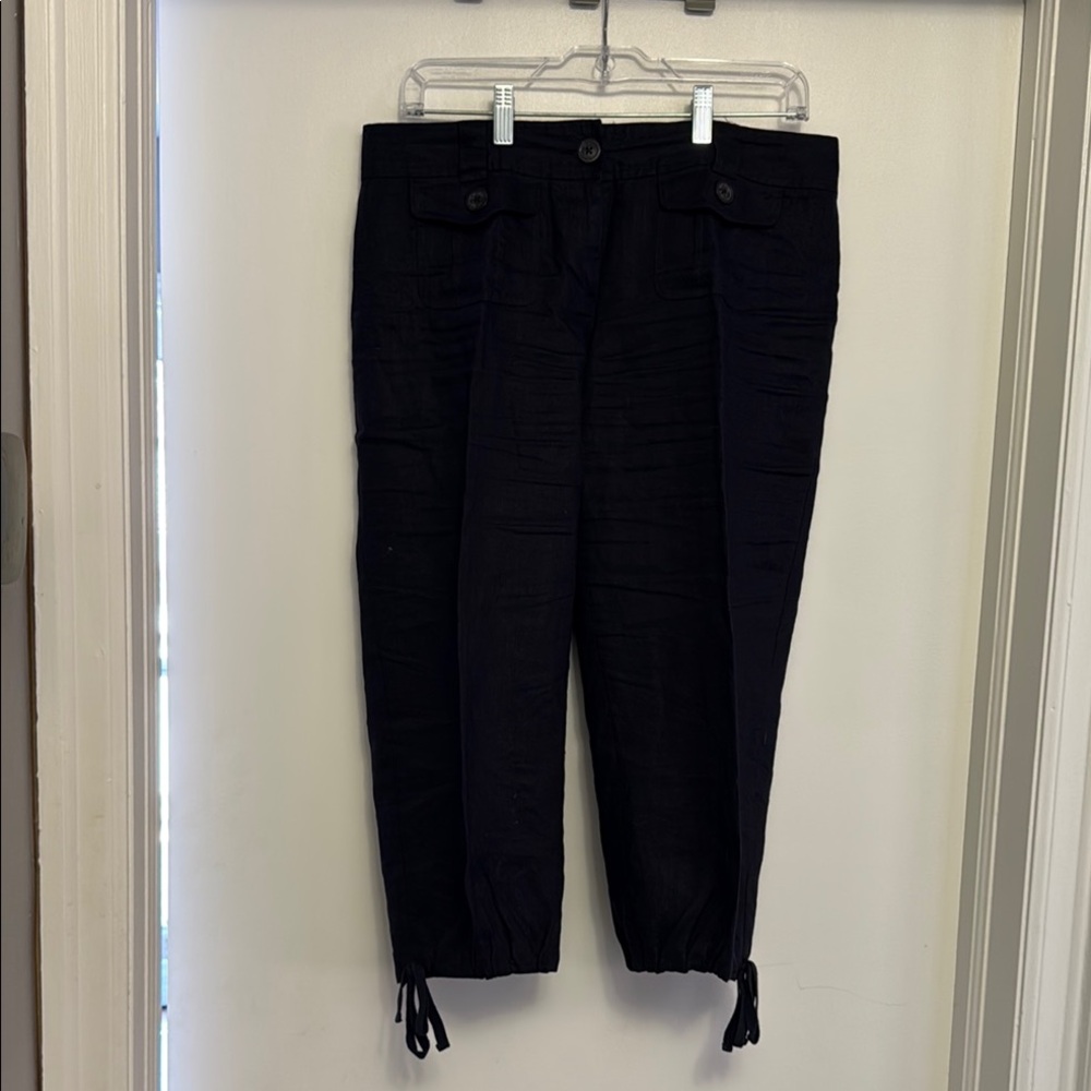 Michael Kors Navy Drawstring Hem Linen Cropped Pants